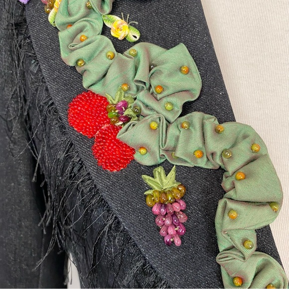 42. Mary Frances Beaded Ribbon Fringe Black Denim Jacket - Picture 12 of 15
